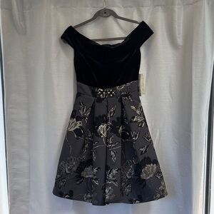 Eliza J Black Velvet and Gray Floral Mini Dress
